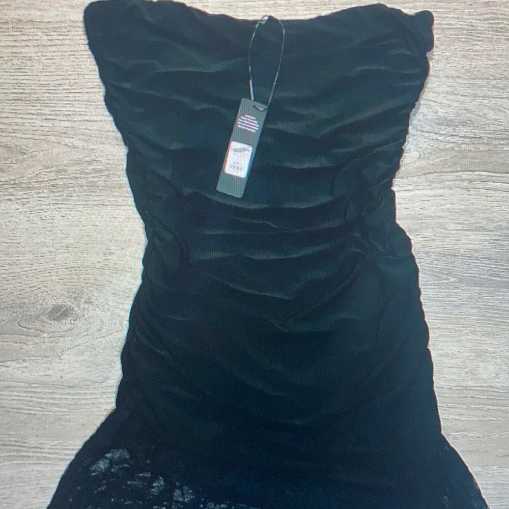 Fashion Nova Black Ruched Mini Dress Lace Hem Size L